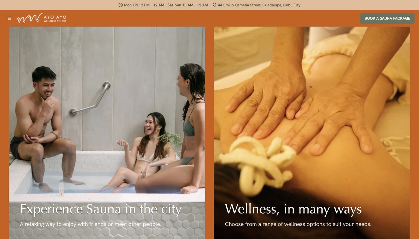 AYO AYO website showing sauna and wellness experiences with a prominent booking button